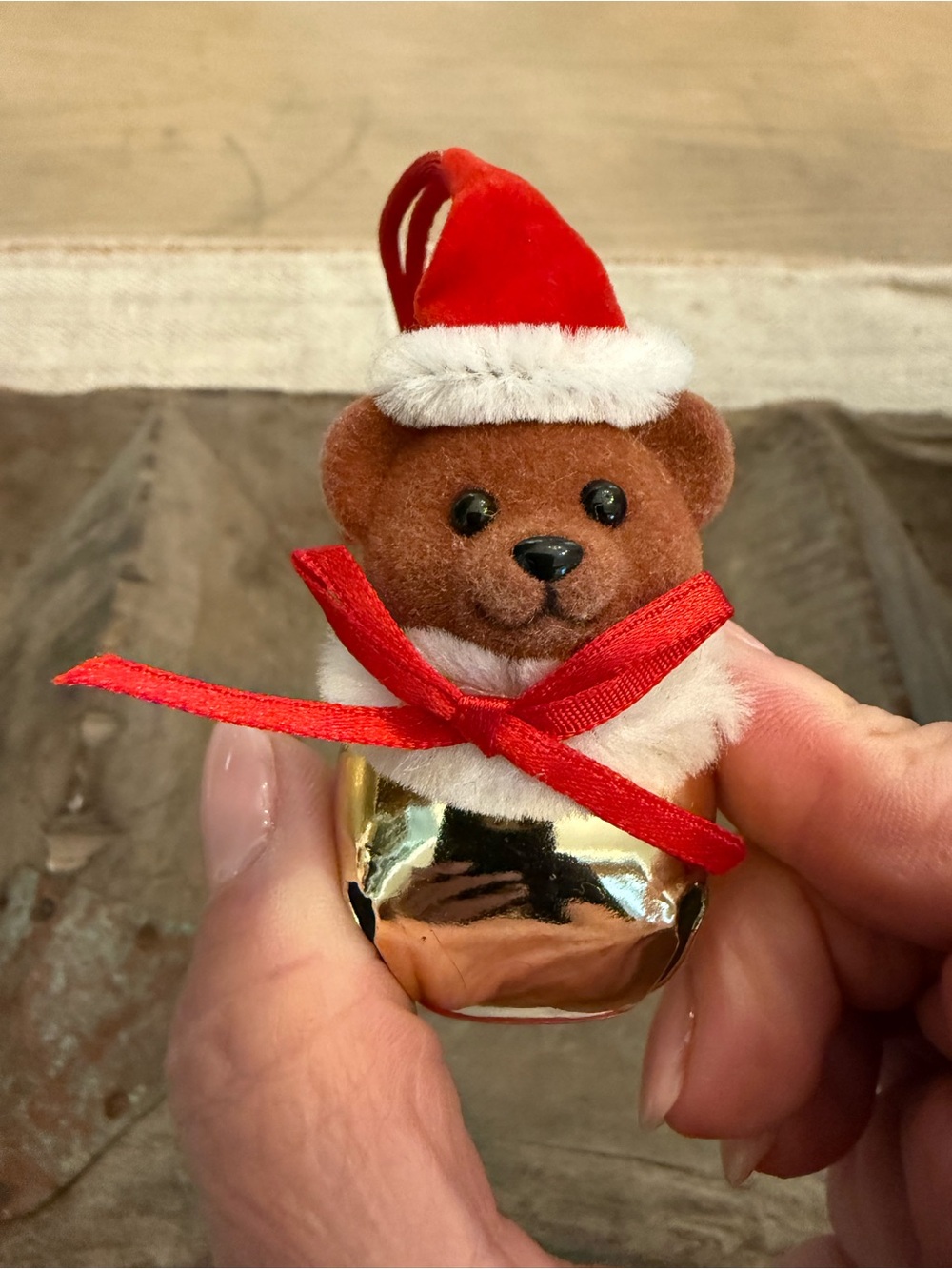 Vintage Flocked Bear Bell Corded Necklace Christmas